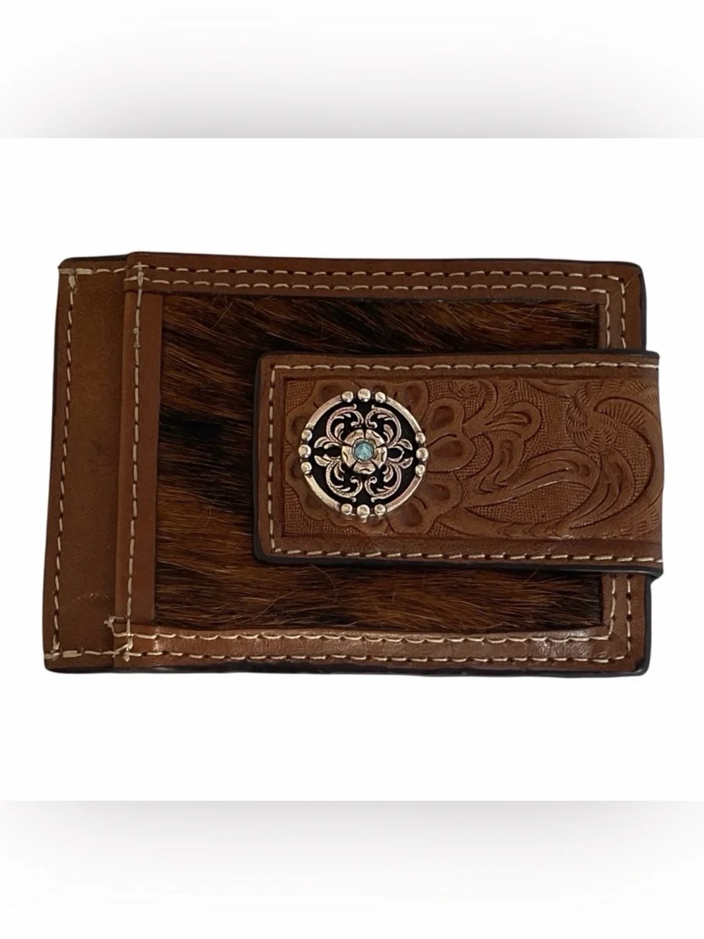 Western Genuine Leather & Cow Hair Money Clip Wallet - New